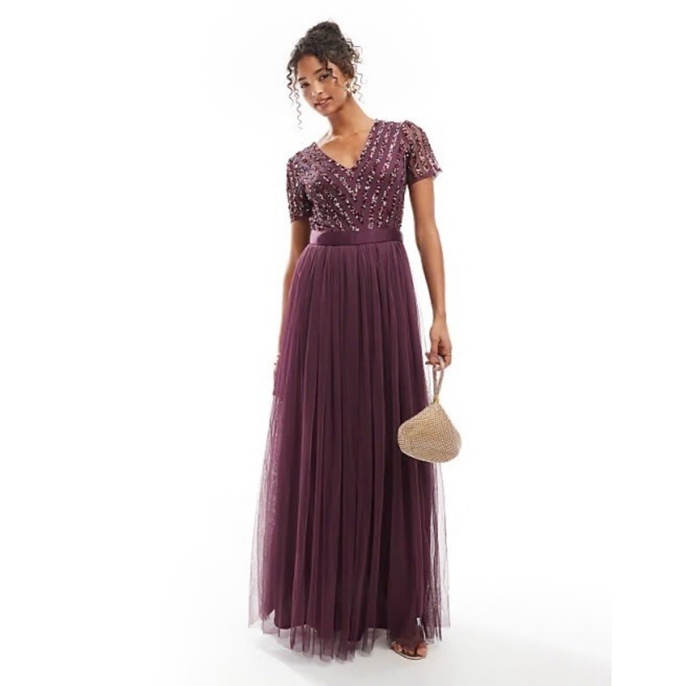 Maya Deluxe Sequin Tulle Maxi Dress Size 10 Berry Plum V-Neck Bridesmaid Formal